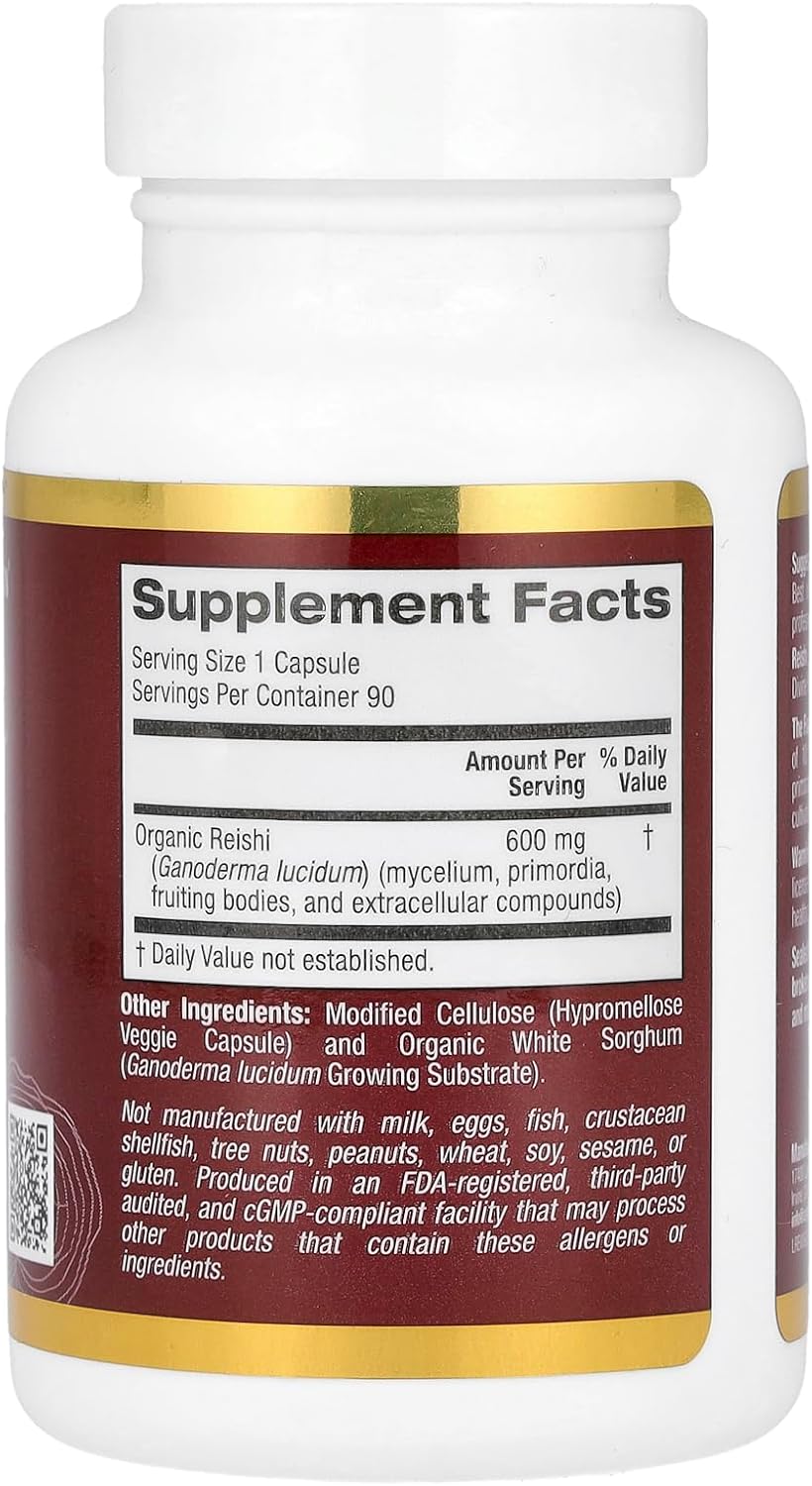 Certified Organic Reishi (Ganoderma lucidum) Veggie Capsules - 600mg, 90 Count
