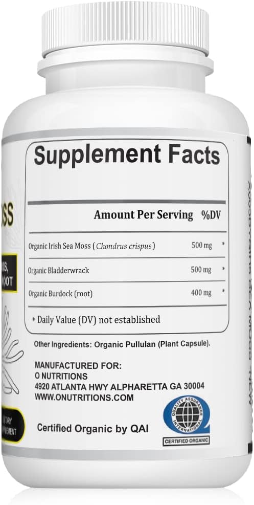 Certified Organic Sea Moss Superfood Blend with Irish Sea Moss, Burdock Root, and Bladderwrack - Raw Alkaline Supplement Made in the USA