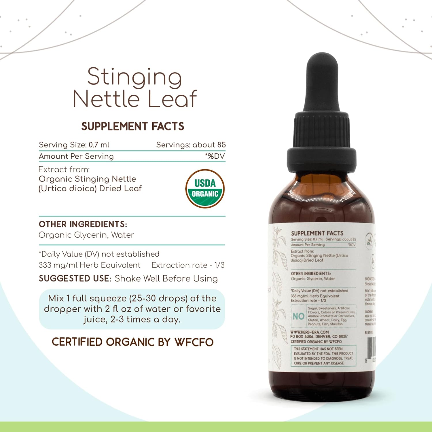 Certified Organic Stinging Nettle Leaf Tincture - Alcohol-Free Extract, High Potency Herbal Drops - 2 oz Bottle - HerbEra USDA Organic