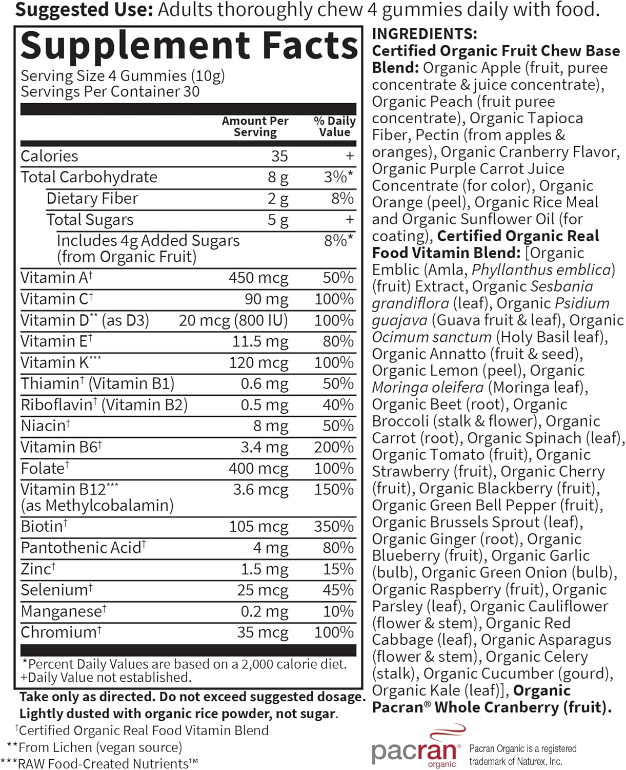 Certified Organic Women's Gummy Vitamins - Berry Flavor - Vegan & Kosher - Complete Multi with Methyl B12, C & D3 - 120 Real Fruit Gummies