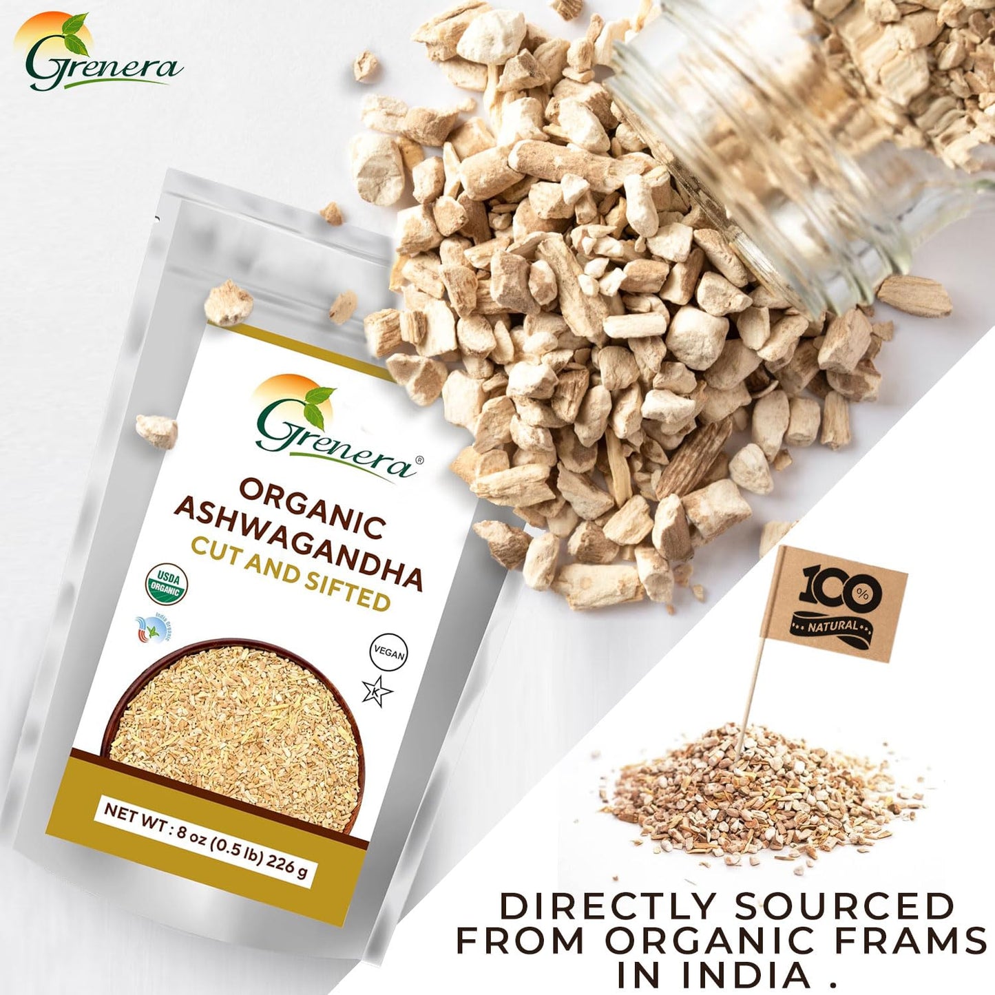Certified USDA Organic Ashwagandha Root C&S 8 oz - Best for Herbal Tea - Withania Somnifera 3-5mm Size