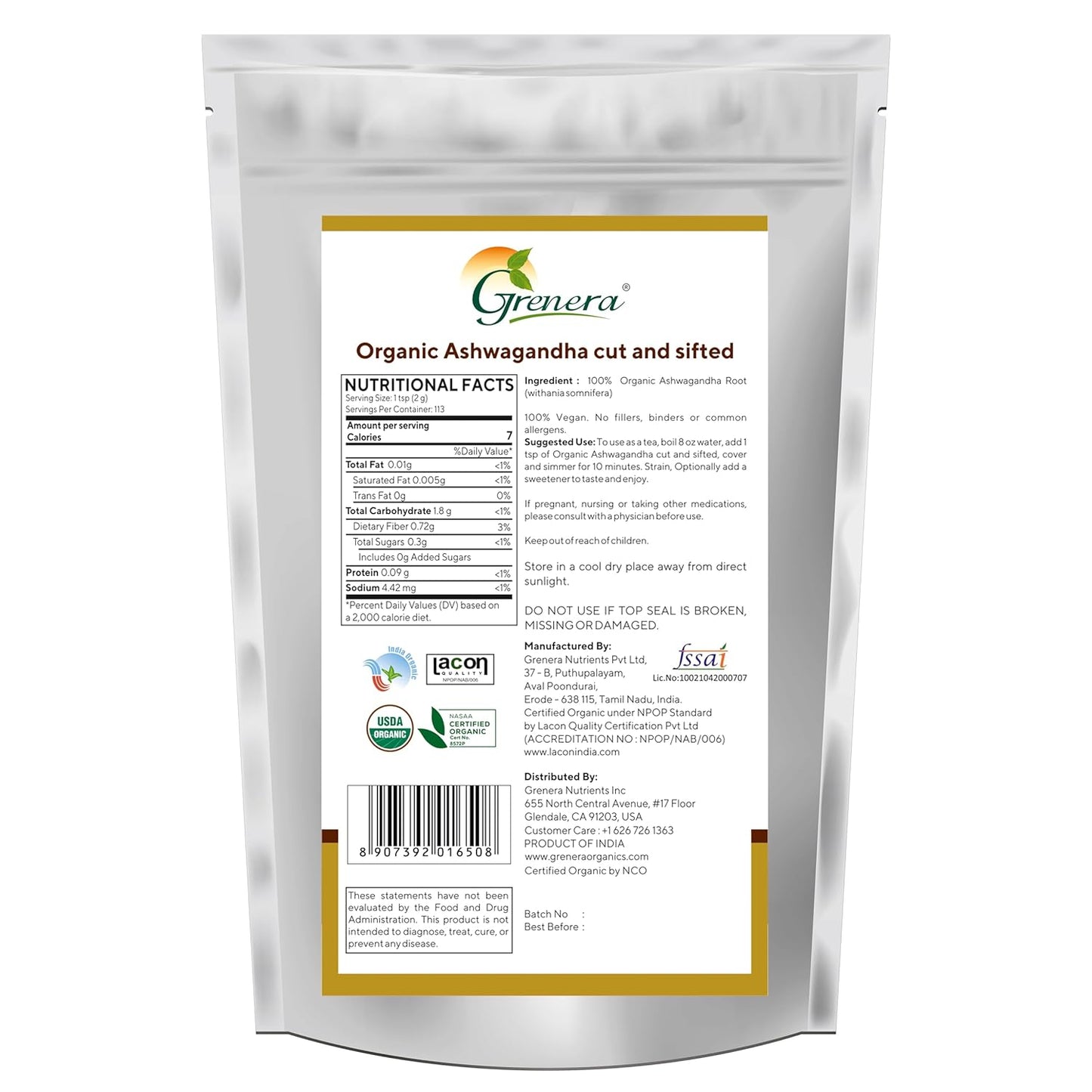 Certified USDA Organic Ashwagandha Root C&S 8 oz - Best for Herbal Tea - Withania Somnifera 3-5mm Size