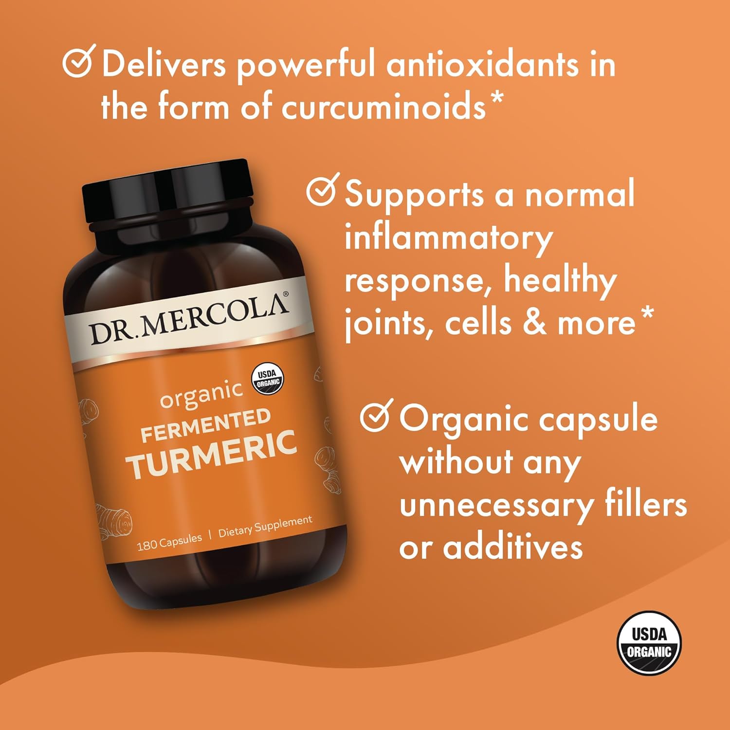 Certified USDA Organic Dr. Mercola Turmeric Capsules - 90 Servings, Supports Healthy Inflammatory Response, Non-GMO Dietary Supplement