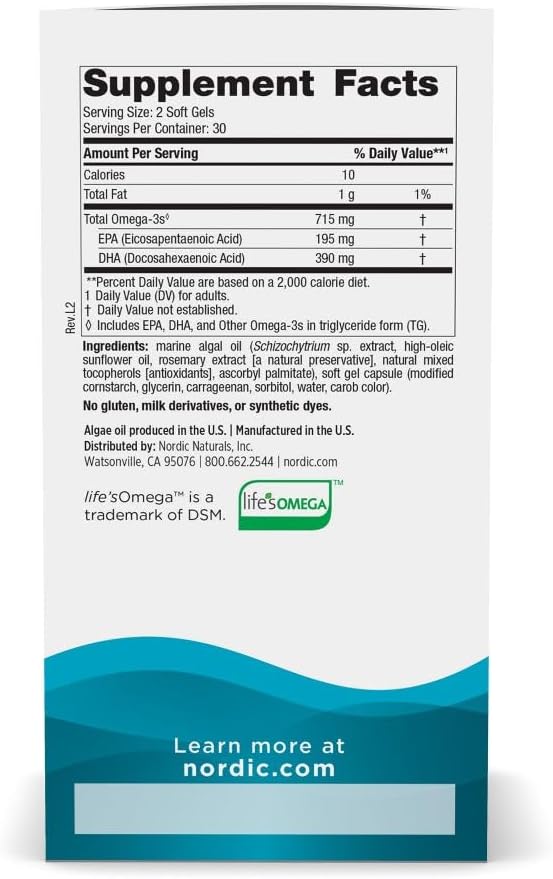 Certified Vegan Algae Omega-3 Soft Gels - 60 ct - 715 mg - Plant-Based EPA & DHA for Heart, Eye, Immune & Brain Health - Non-GMO - 30 Servings