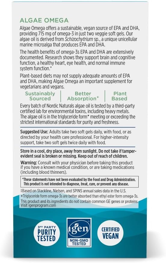 Certified Vegan Algae Omega-3 Soft Gels - 60 ct - 715 mg - Plant-Based EPA & DHA for Heart, Eye, Immune & Brain Health - Non-GMO - 30 Servings