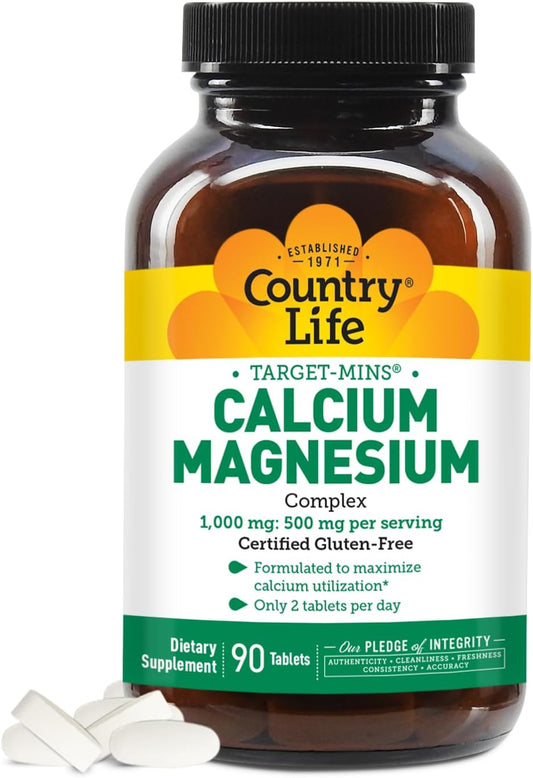 Certified Vegan Calcium Magnesium Complex 1000/500mg Tablets - Country Life Target-Mins, 90 Count, Gluten Free & Non-GMO
