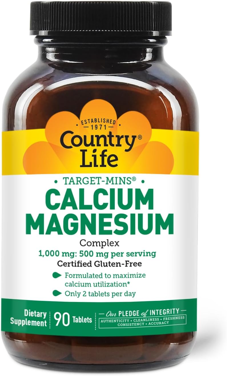 Certified Vegan Calcium Magnesium Complex 1000/500mg Tablets - Country Life Target-Mins, 90 Count, Gluten Free & Non-GMO