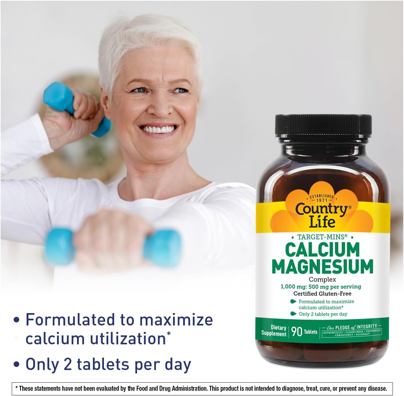 Certified Vegan Calcium Magnesium Complex 1000/500mg Tablets - Country Life Target-Mins, 90 Count, Gluten Free & Non-GMO