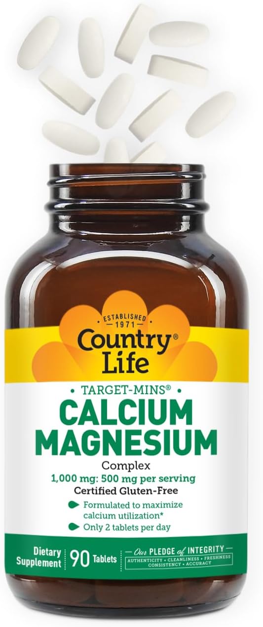 Certified Vegan Calcium Magnesium Complex 1000/500mg Tablets - Country Life Target-Mins, 90 Count, Gluten Free & Non-GMO