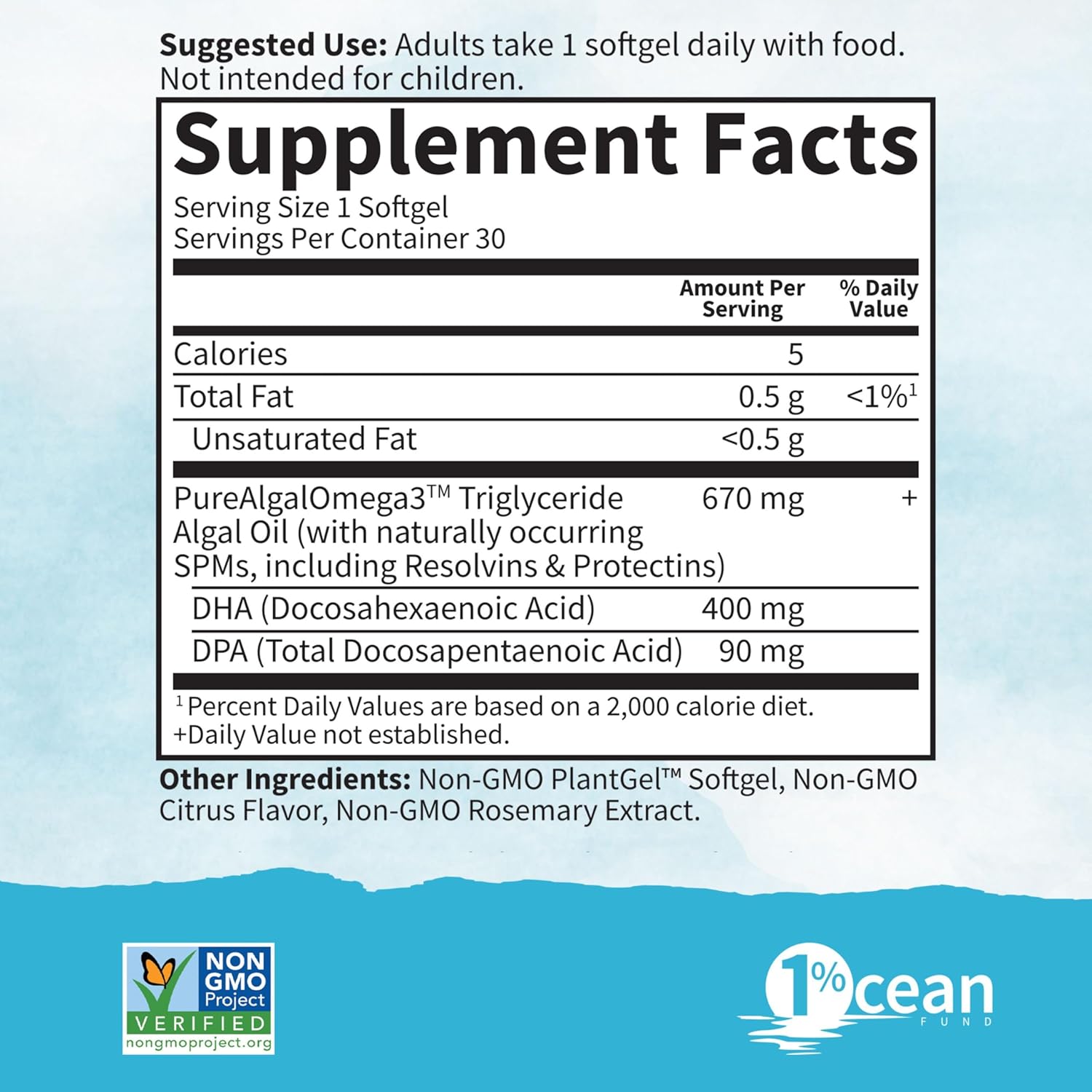 Certified Vegan Omega 3 Supplement with 400mg DHA + DPA from Algal Omega 3 - Non-GMO, Triglyceride Form, 30 Softgels