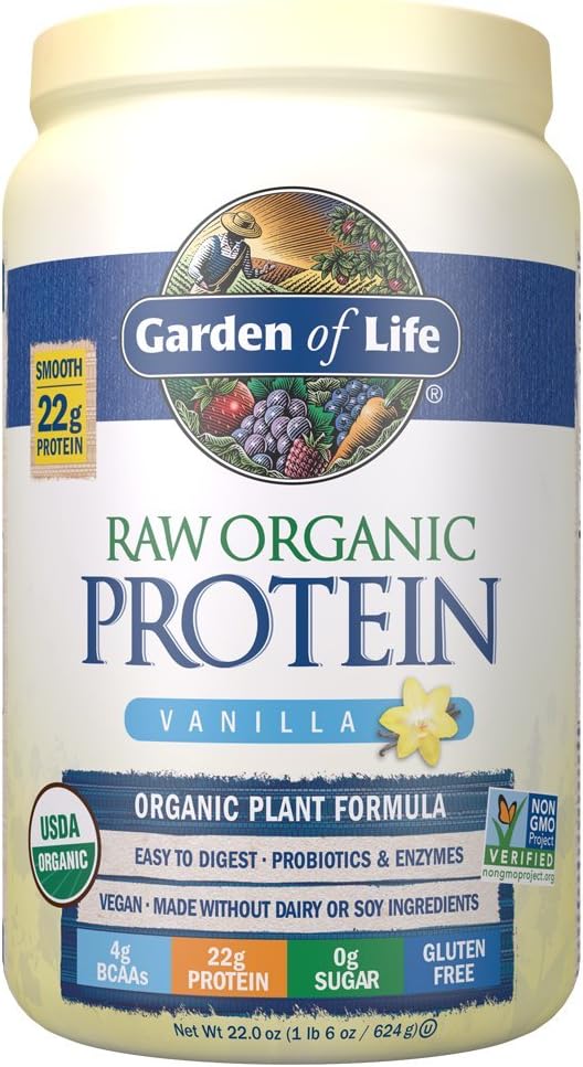 Certified Vegan Vanilla Protein Powder with Probiotics & Enzymes - Organic, Non-GMO, Plant Based, Gluten Free Shake with 22g Protein & 4g BCAAs (20 Servings)