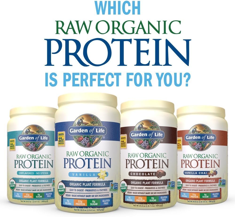Certified Vegan Vanilla Protein Powder with Probiotics & Enzymes - Organic, Non-GMO, Plant Based, Gluten Free Shake with 22g Protein & 4g BCAAs (20 Servings)