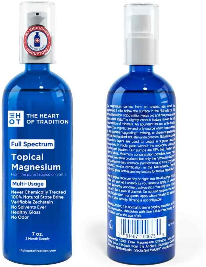 Certified Zechstein Magnesium Chloride Spray with Trace Minerals - 7 fl oz Full Spectrum Transdermal Magnesium Oil in Healthy Glass Bottle