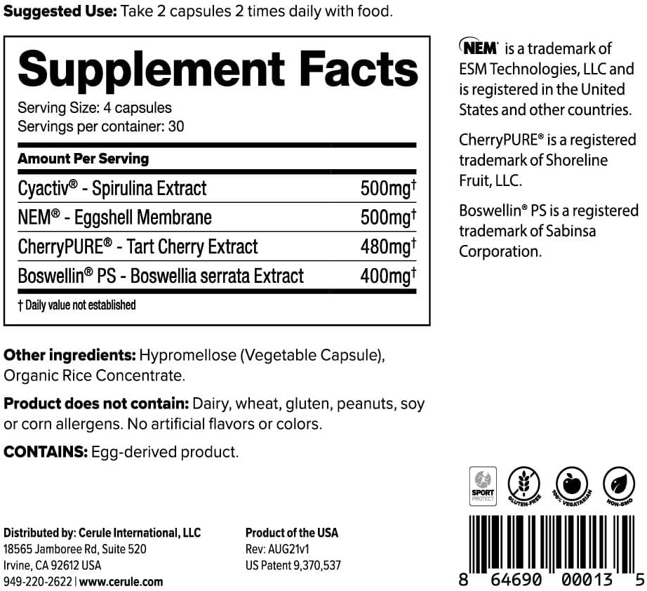 Cerule Cyactiv Spirulina Support Supplements - 60 Vegetarian Capsules for Joint and Muscle Discomfort Relief, Energy Boost, Mobility, and Health