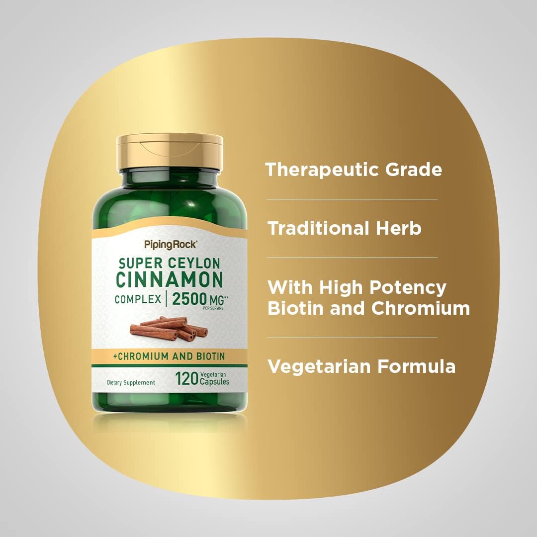 Ceylon Cinnamon Capsules 2500mg with Chromium & Biotin - 120 Pills, Vegetarian, Non-GMO, Gluten Free