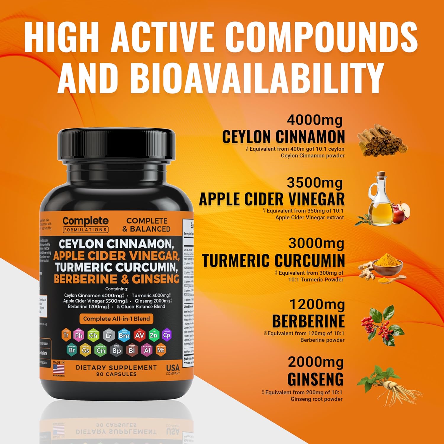 Ceylon Cinnamon Capsules with Berberine, Apple Cider Vinegar, Turmeric, Ginseng, Zinc, Milk Thistle, Bitter Melon, Fenugreek & More - 4000mg