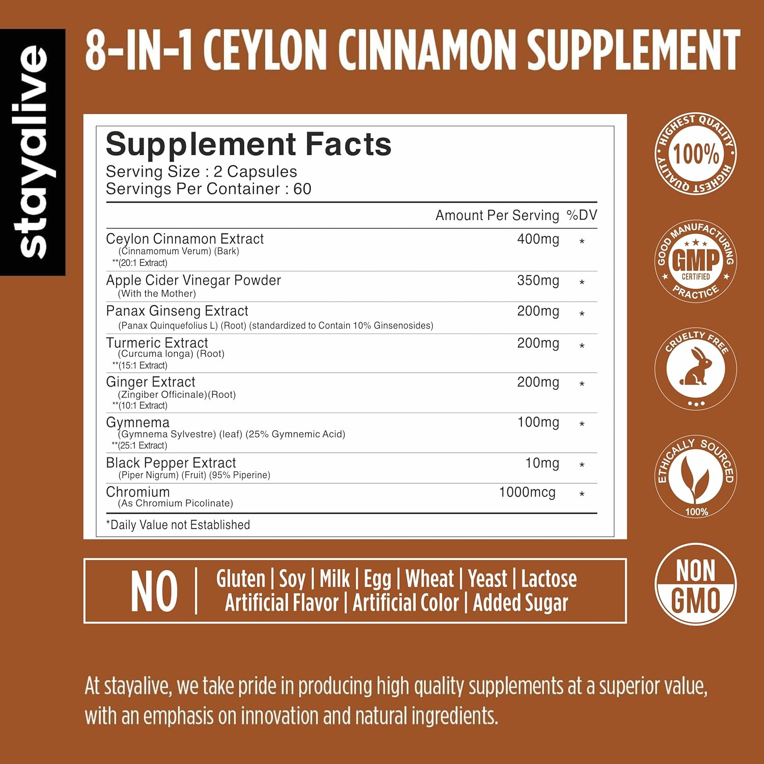 Ceylon Cinnamon Capsules with Turmeric, Ginger, Apple Cider Vinegar, Ginseng, Gymnema, and Chromium - 120 Pills, Non-GMO & Gluten-Free Supplement