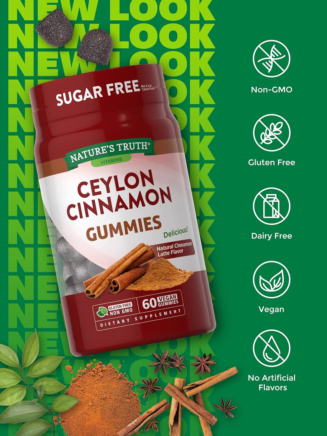 Ceylon Cinnamon Gummies 2000mg - 60 Count | Vegan, Non-GMO & Gluten Free - Sugar Free Supplement from Nature's Truth