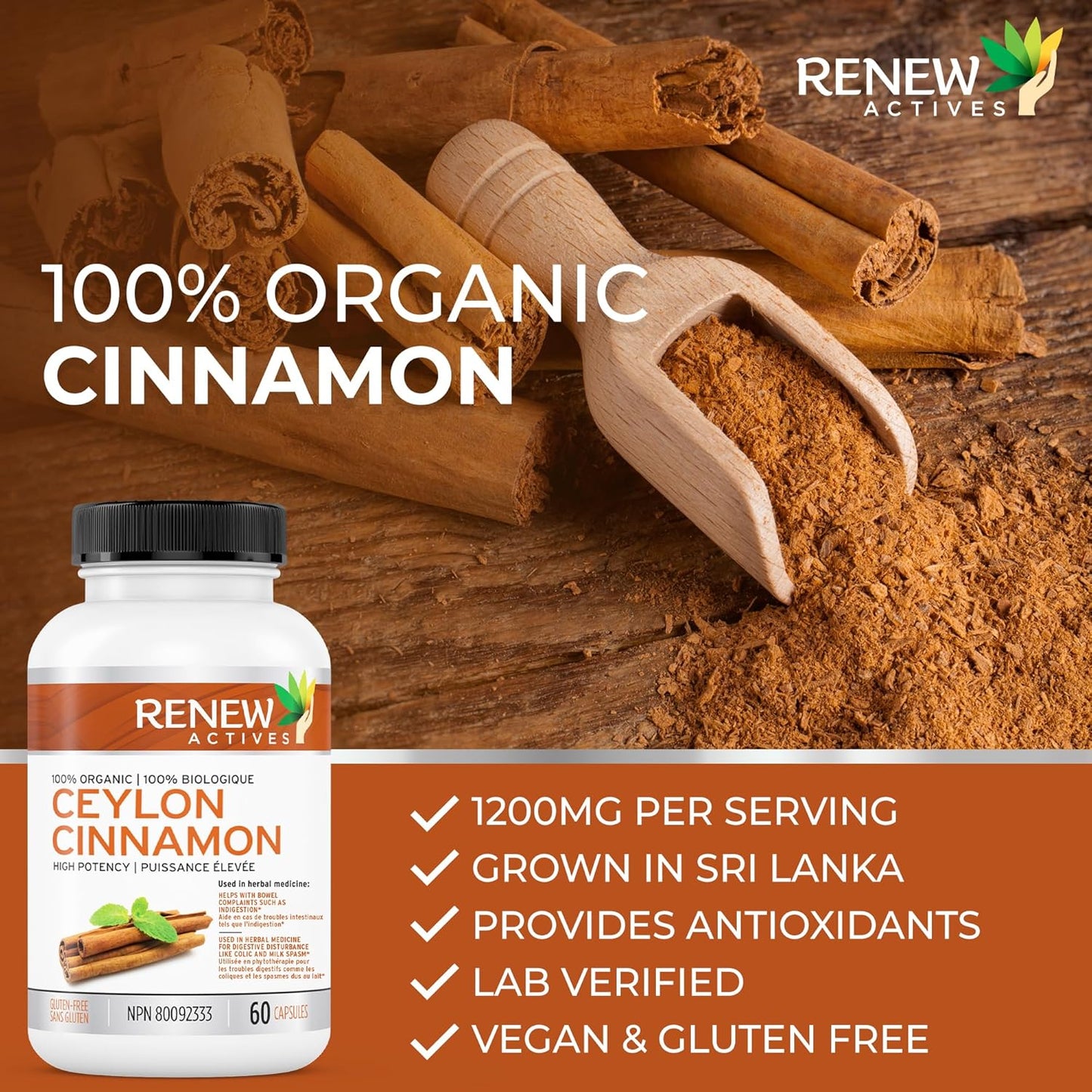Ceylon Cinnamon Supplement Capsules for Digestive Health & Appetite Control - Herbal Remedy for Bloating - 60 Veg Capsules