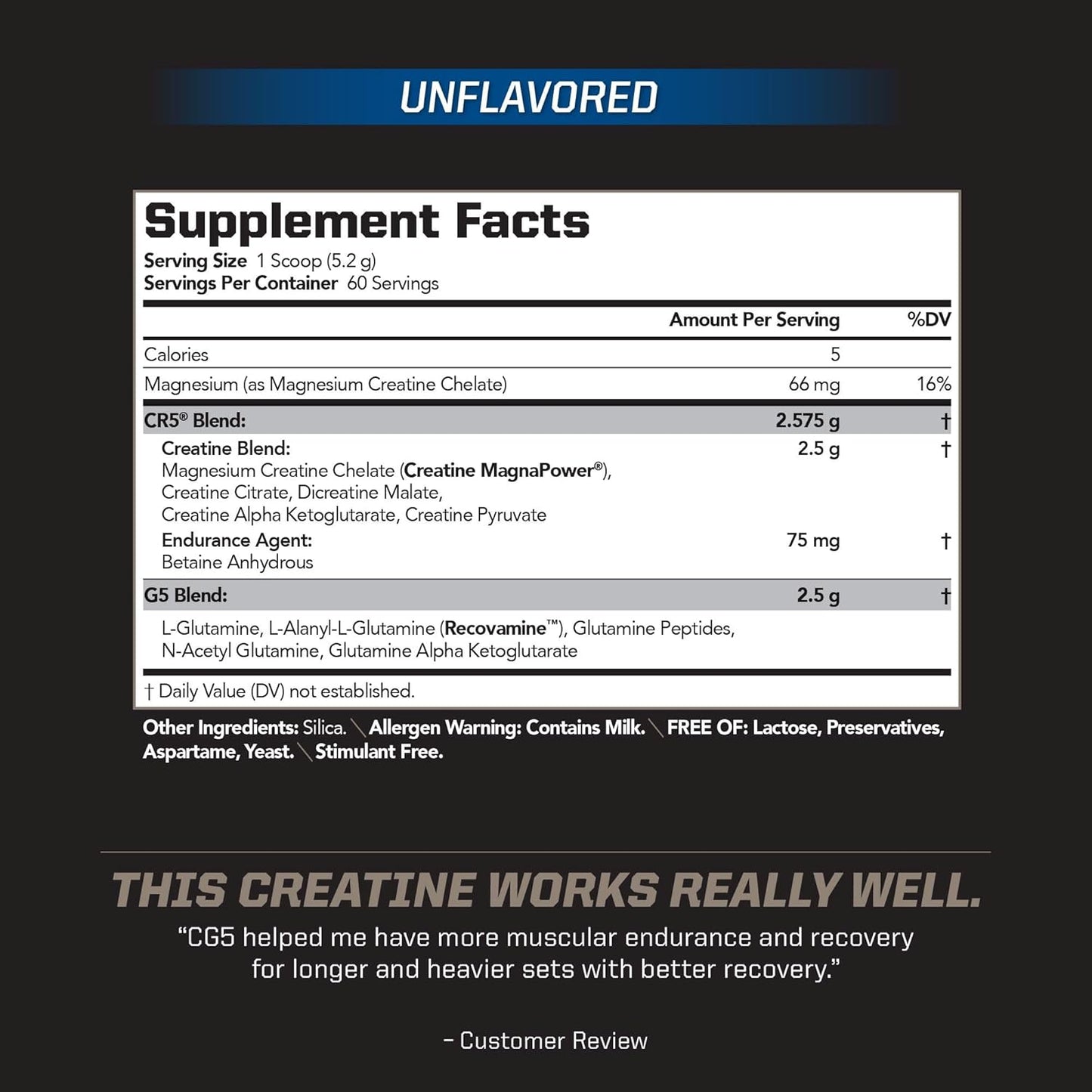 CG5 Premium Creatine & L Glutamine Powder for Lean Muscle & Workout Performance, Unflavored - 60 Servings