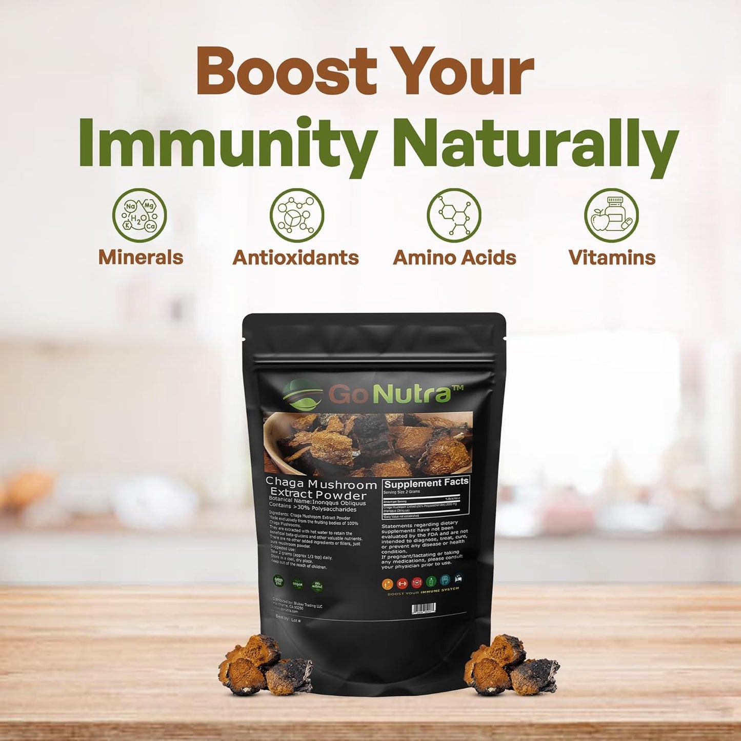 Chaga Mushroom Powder Extract 10:1 with 30% Polysaccharides - Superfood Supplement 8 oz.