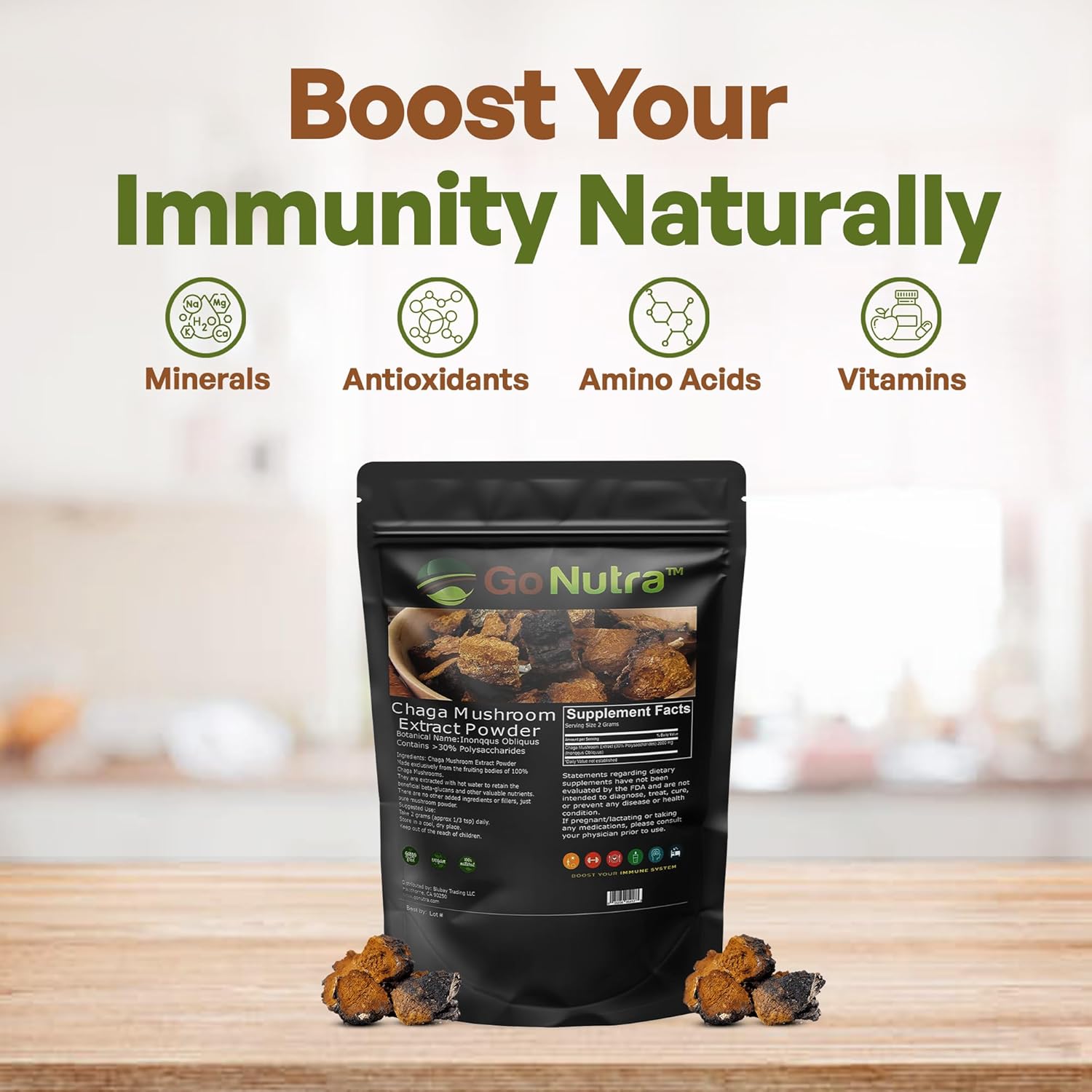 Chaga Mushroom Powder Extract 10:1 with 30% Polysaccharides - Superfood Supplement 8 oz.