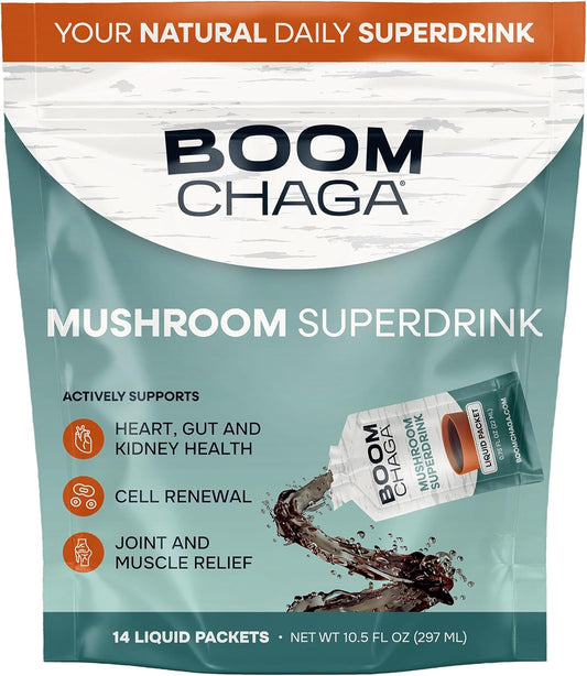 Chaga Mushroom Superdrink Liquid Concentrate, Antioxidants for Inflammation and Immunity, Beta-Glucans for Heart Health, 14 Packets