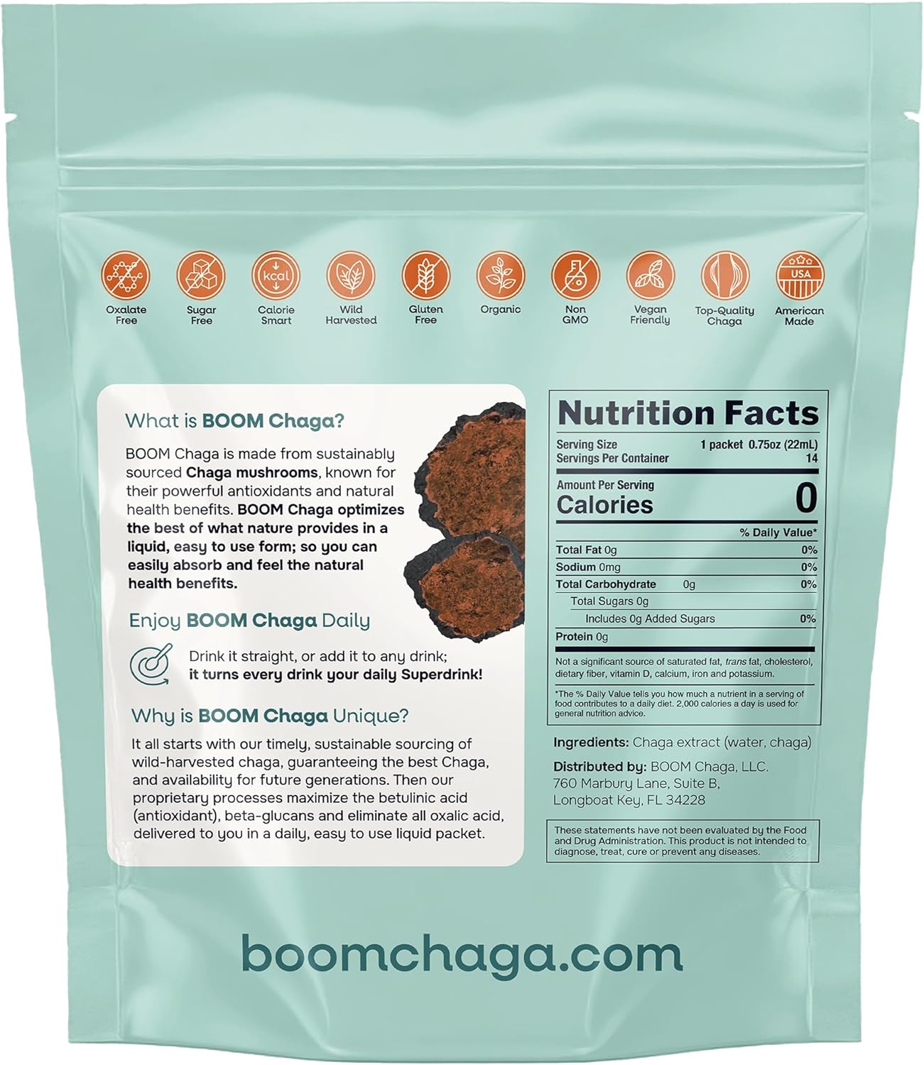 Chaga Mushroom Superdrink Liquid Concentrate, Antioxidants for Inflammation and Immunity, Beta-Glucans for Heart Health, 14 Packets