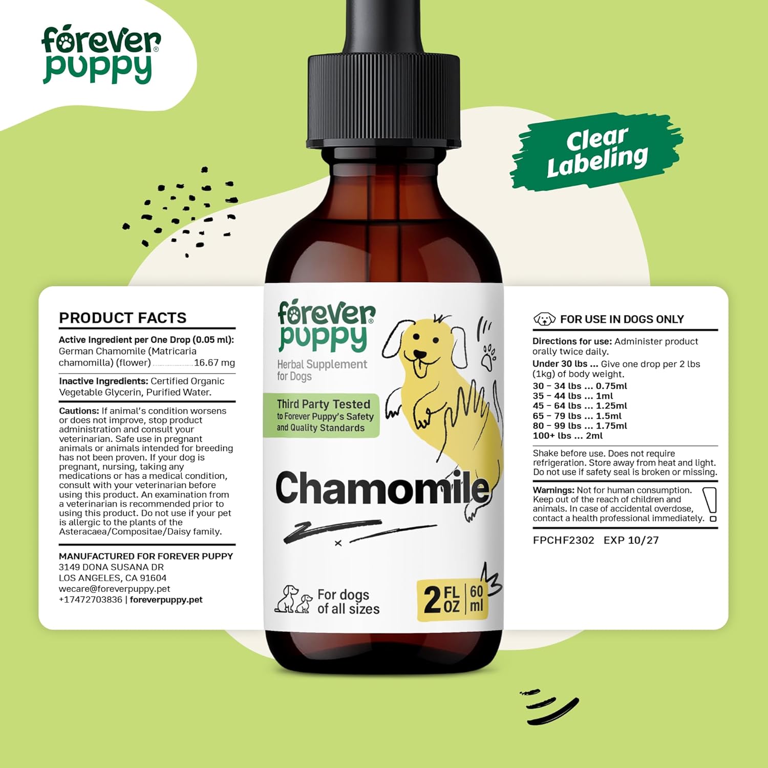 Chamomile Liquid Supplement for Dogs - Gas Relief & Digestive Health Support - 2 oz Bottle - All Breeds & Sizes