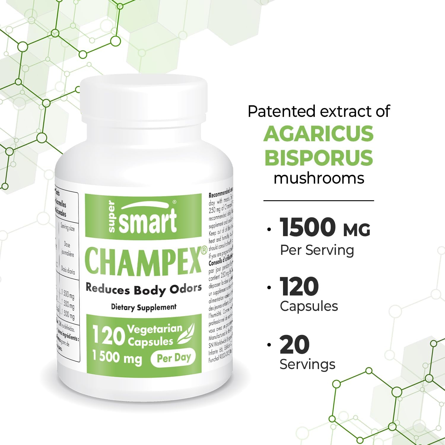 Champex Mushroom Extract Capsules - Internal Deodorizer Supplement for Body Odor & Bad Breath - Non-GMO, Gluten Free - 120 Vegetarian Capsules