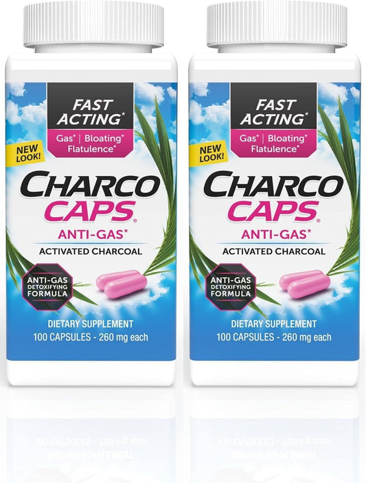 Charcocaps Fast Acting Gas Relief for Bloating & Flatulence, 100 Capsules - Pack of 2