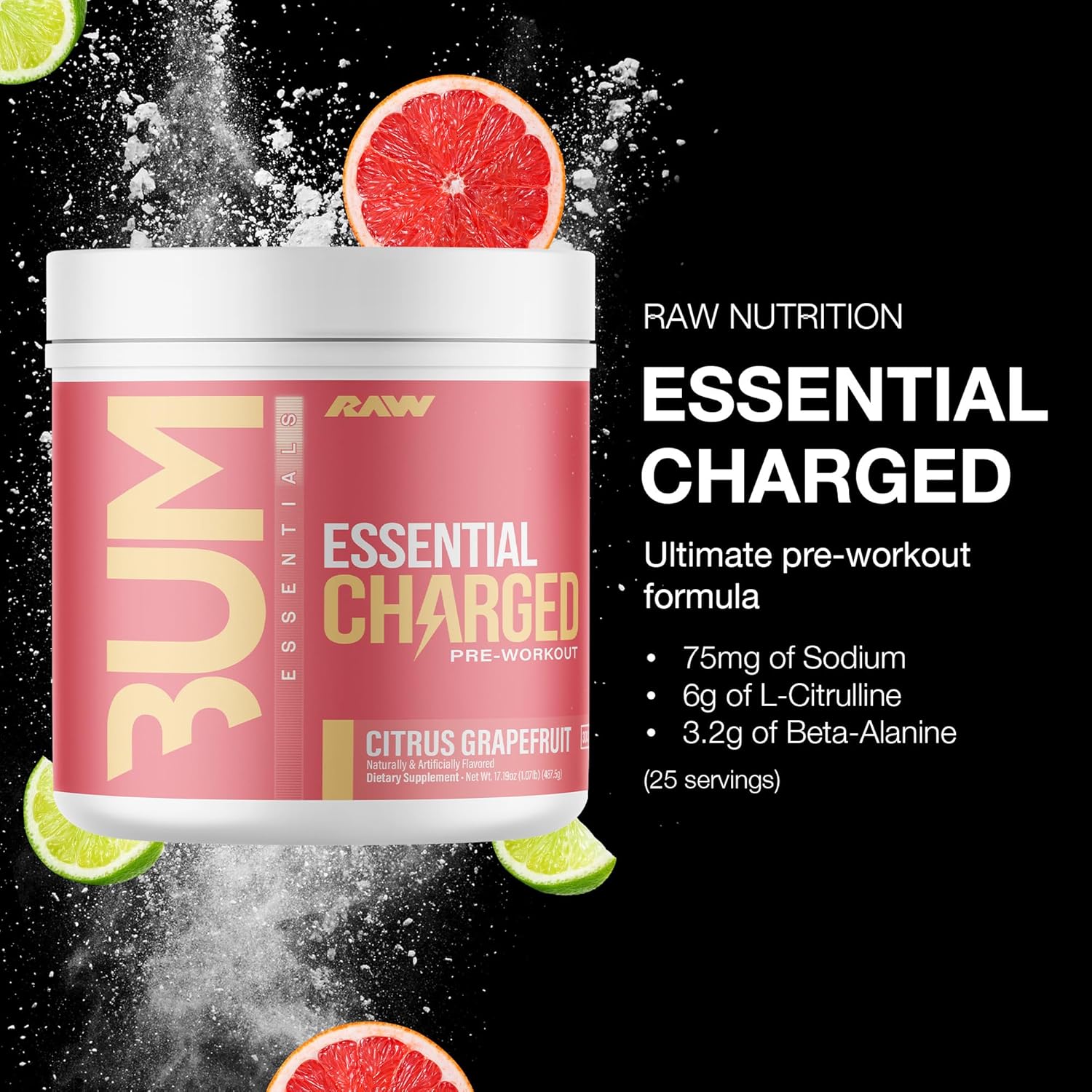 CHARGED Citrus Grapefruit Pre-Workout Powder - Boosts Focus, Mood, Performance - Caffeine, Alpha-GPC, L-Citrulline, Beta Alanine - 25 Servings