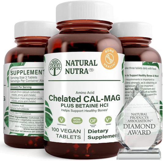 Chelated Cal Mag 1000/500 mg Supplement with Betaine HCL for Bone, Muscle, Teeth, Cardiovascular and Nerve Health - 100 Vegan Tablet Pack