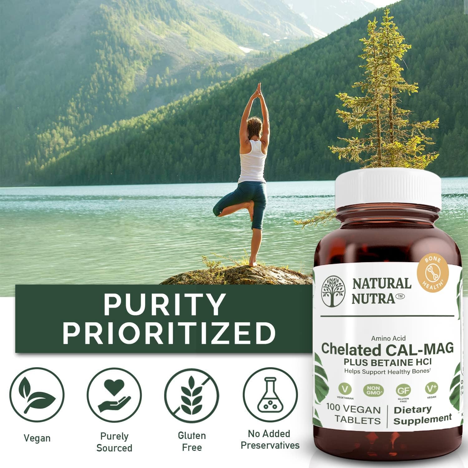 Chelated Cal Mag 1000/500 mg Supplement with Betaine HCL for Bone, Muscle, Teeth, Cardiovascular and Nerve Health - 100 Vegan Tablet Pack