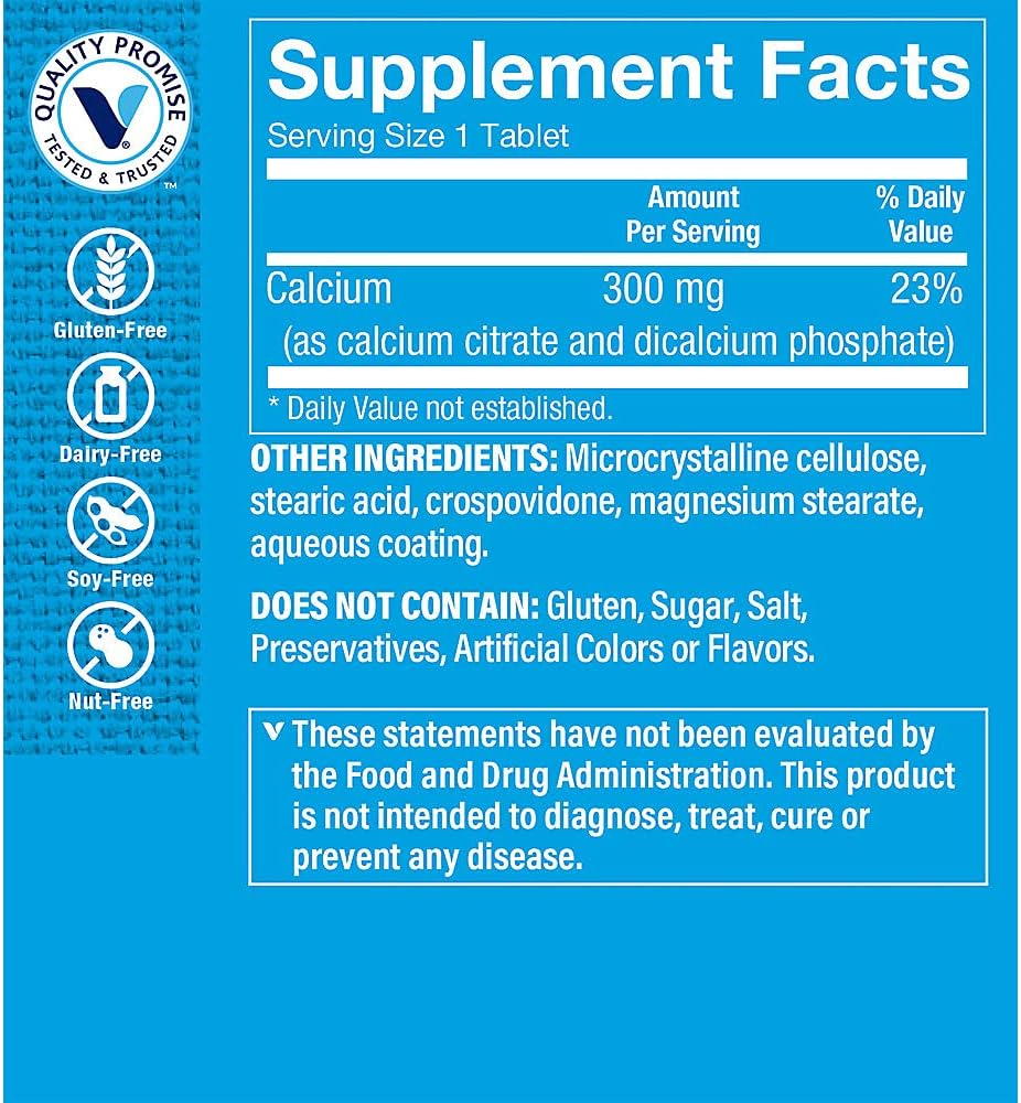 Chelated Calcium Citrate 300mg Tablets for Strong Bones & Teeth - High Absorption Mineral Supplement with Dicaclium Phosphate - 300 Count
