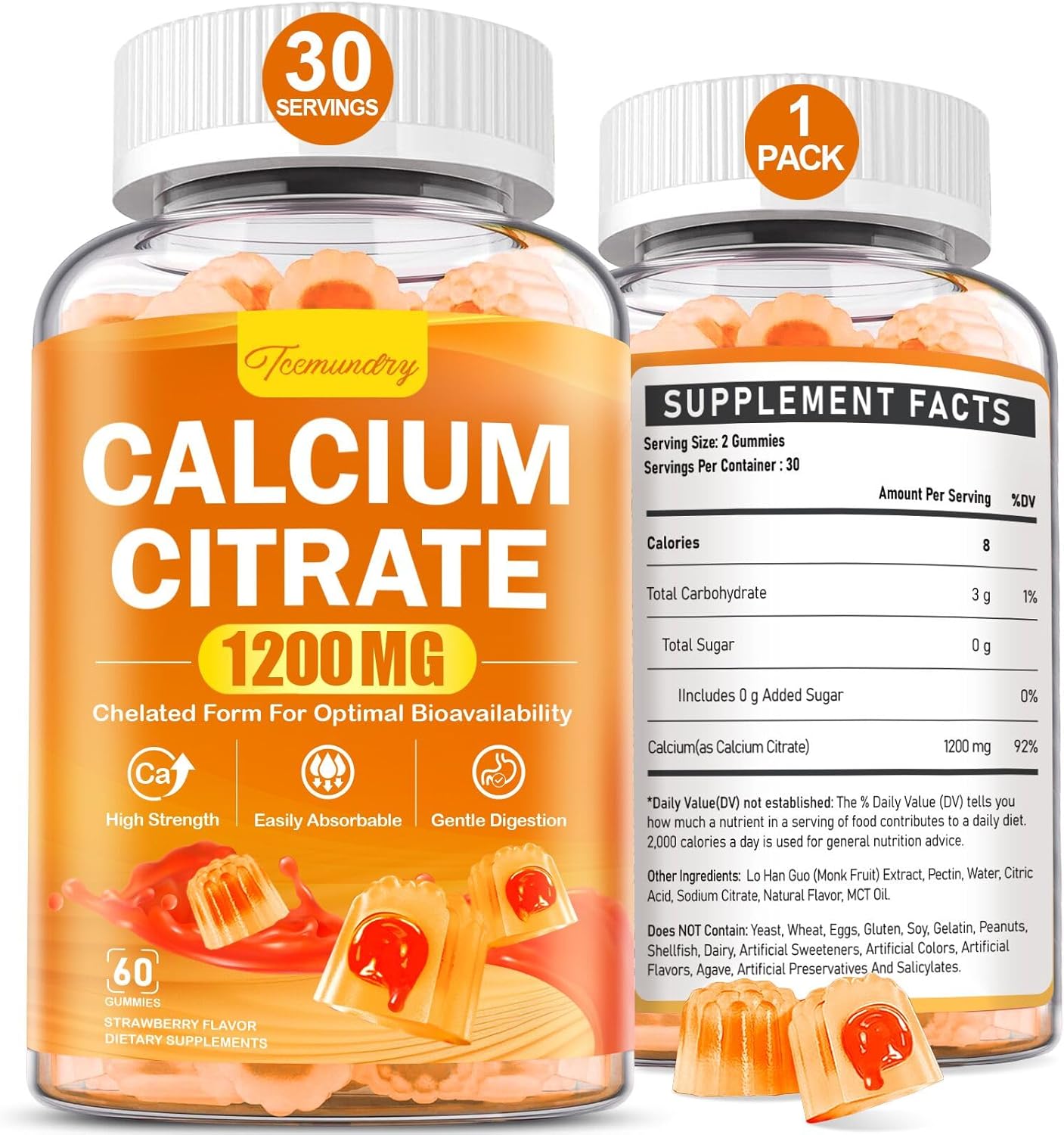 Chelated Calcium Citrate Gummies 1200mg for Adults - High Absorption Calcium Supplement - Vegan & Sugar Free - Bone, Muscle & Immune Support