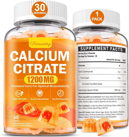 Chelated Calcium Citrate Gummies 1200mg for Adults - High Absorption Calcium Supplement - Vegan & Sugar Free - Bone, Muscle & Immune Support