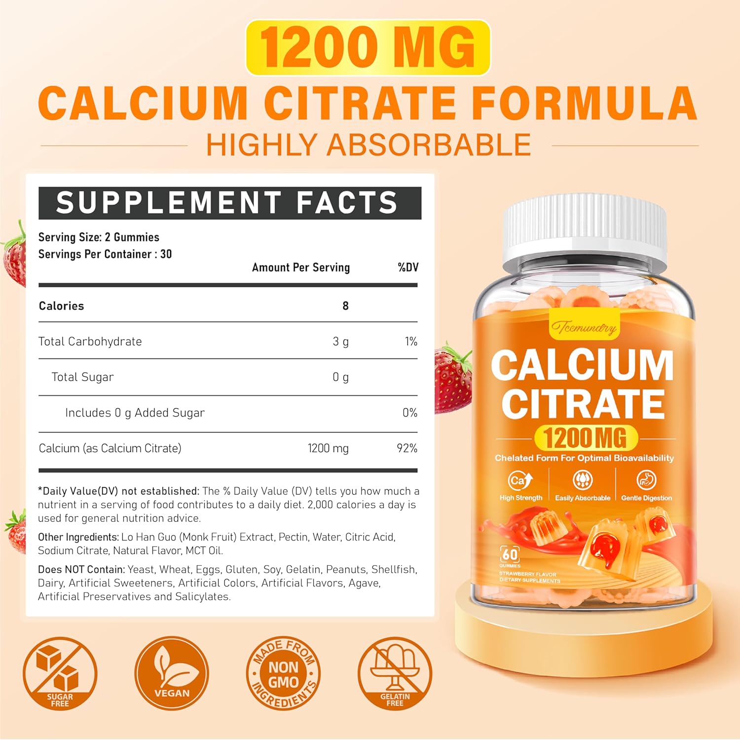 Chelated Calcium Citrate Gummies 1200mg for Adults - High Absorption Calcium Supplement - Vegan & Sugar Free - Bone, Muscle & Immune Support