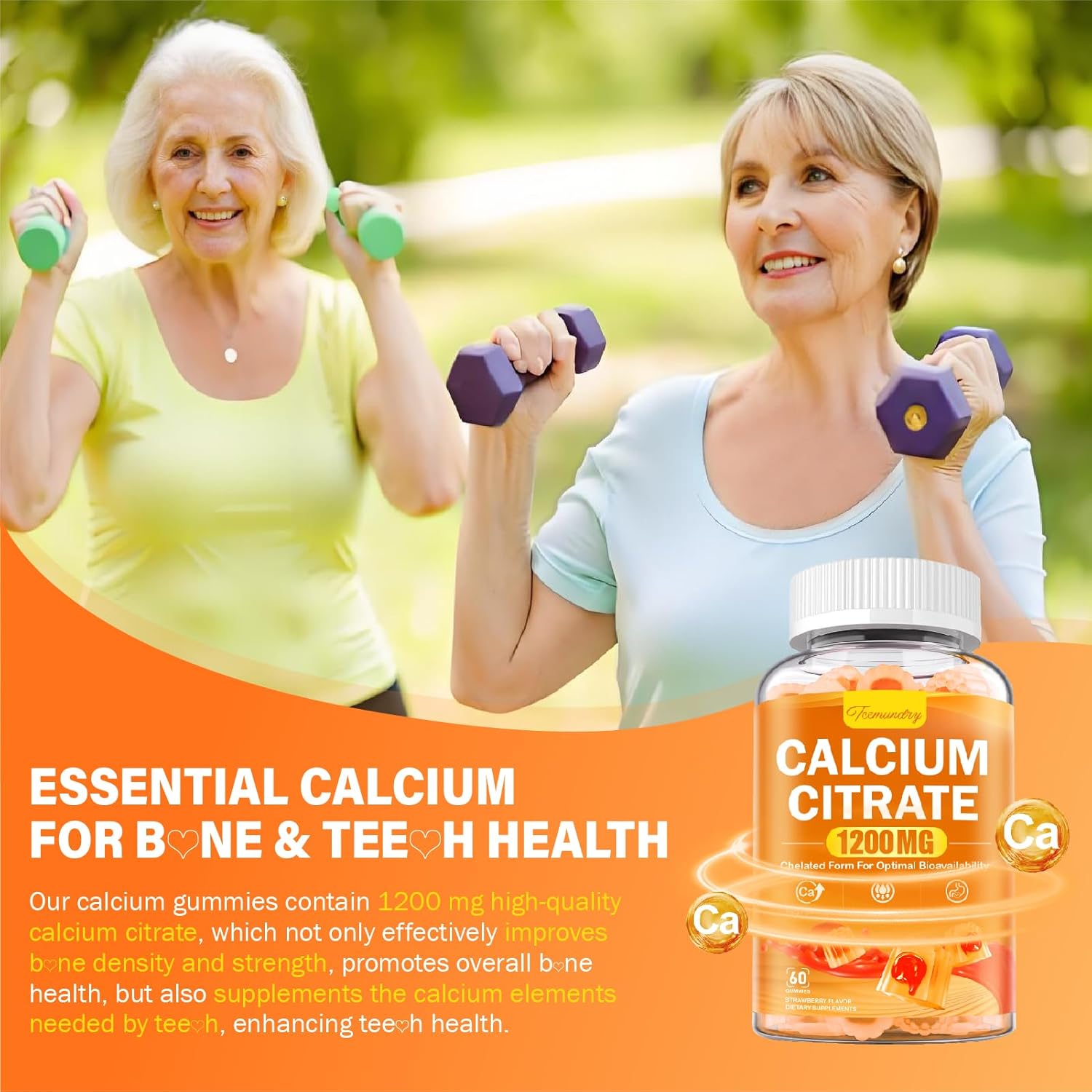 Chelated Calcium Citrate Gummies 1200mg for Adults - High Absorption Calcium Supplement - Vegan & Sugar Free - Bone, Muscle & Immune Support