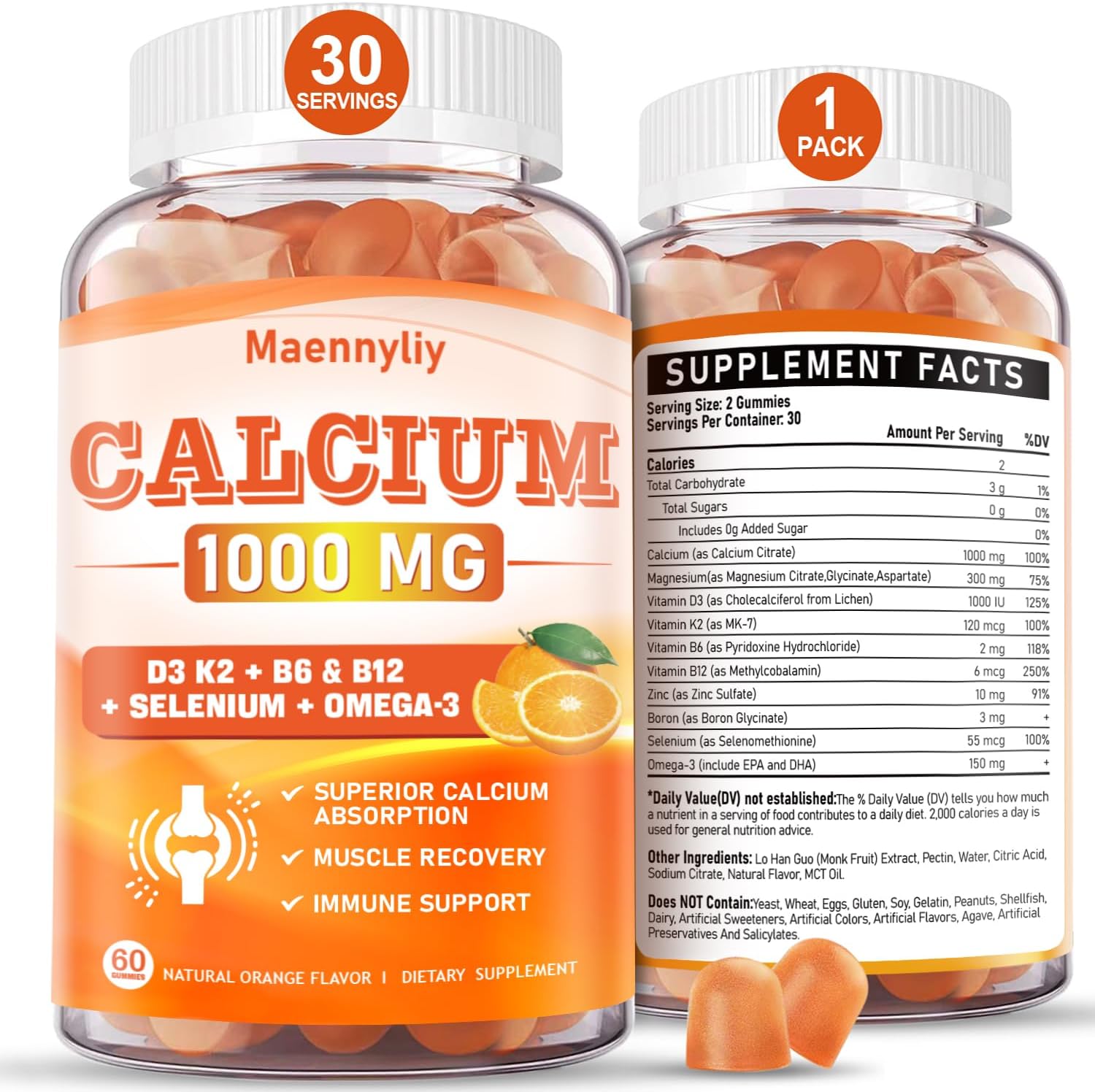 Chelated Calcium Gummies with Vitamin D3, K2, B6, B12, Magnesium, Zinc, Boron, Selenium & Omega-3 - 1000 mg Supplement for Bone, Muscle, Immune Support - 60 Count for Adults