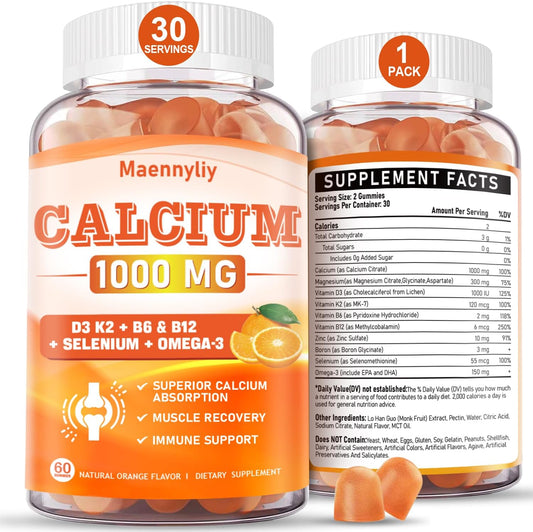 Chelated Calcium Gummies with Vitamin D3, K2, B6, B12, Magnesium, Zinc, Boron, Selenium & Omega-3 - 1000 mg Supplement for Bone, Muscle, Immune Support - 60 Count for Adults