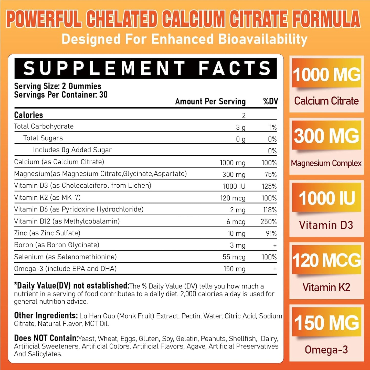 Chelated Calcium Gummies with Vitamin D3, K2, B6, B12, Magnesium, Zinc, Boron, Selenium & Omega-3 - 1000 mg Supplement for Bone, Muscle, Immune Support - 60 Count for Adults