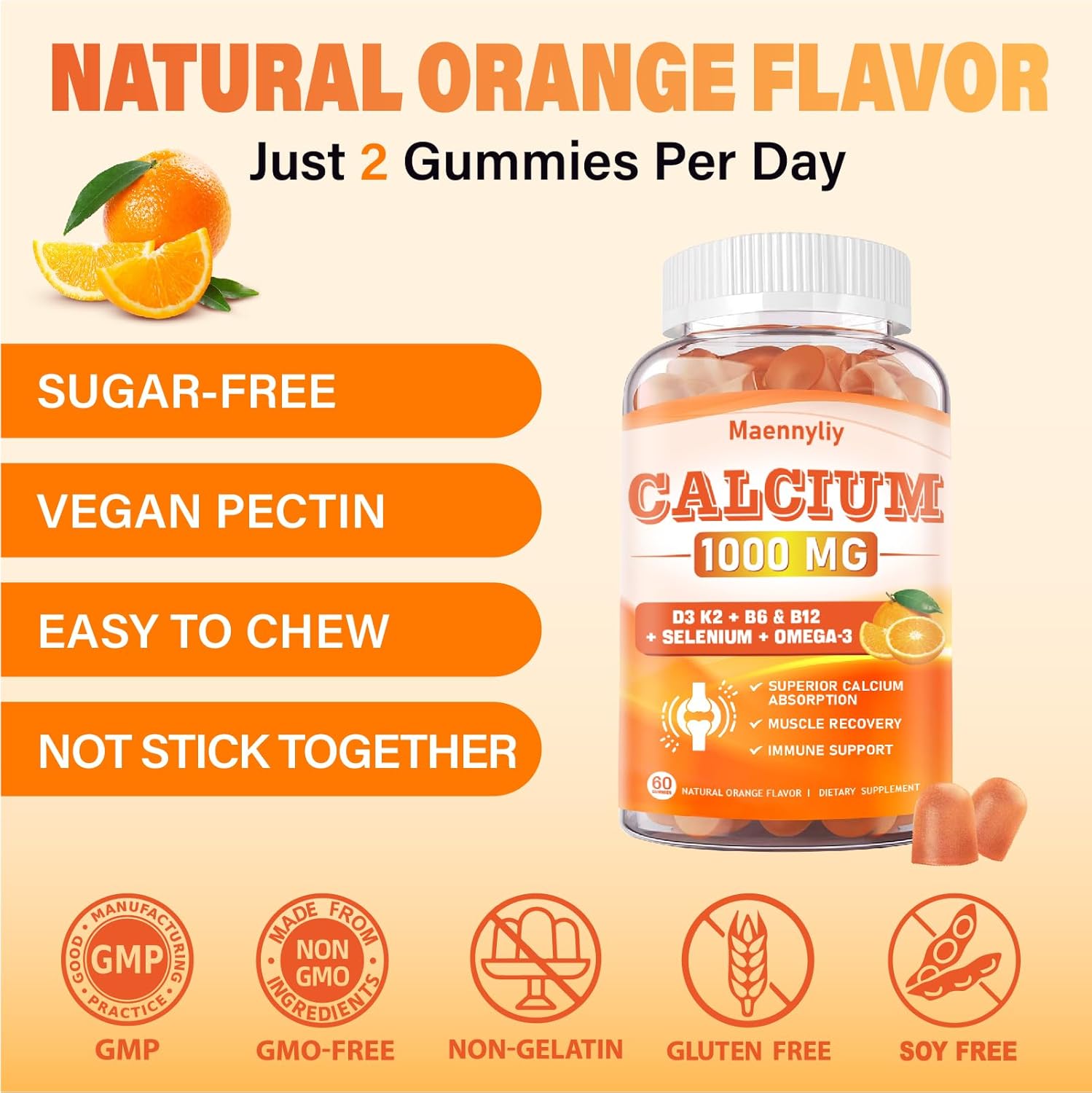 Chelated Calcium Gummies with Vitamin D3, K2, B6, B12, Magnesium, Zinc, Boron, Selenium & Omega-3 - 1000 mg Supplement for Bone, Muscle, Immune Support - 60 Count for Adults