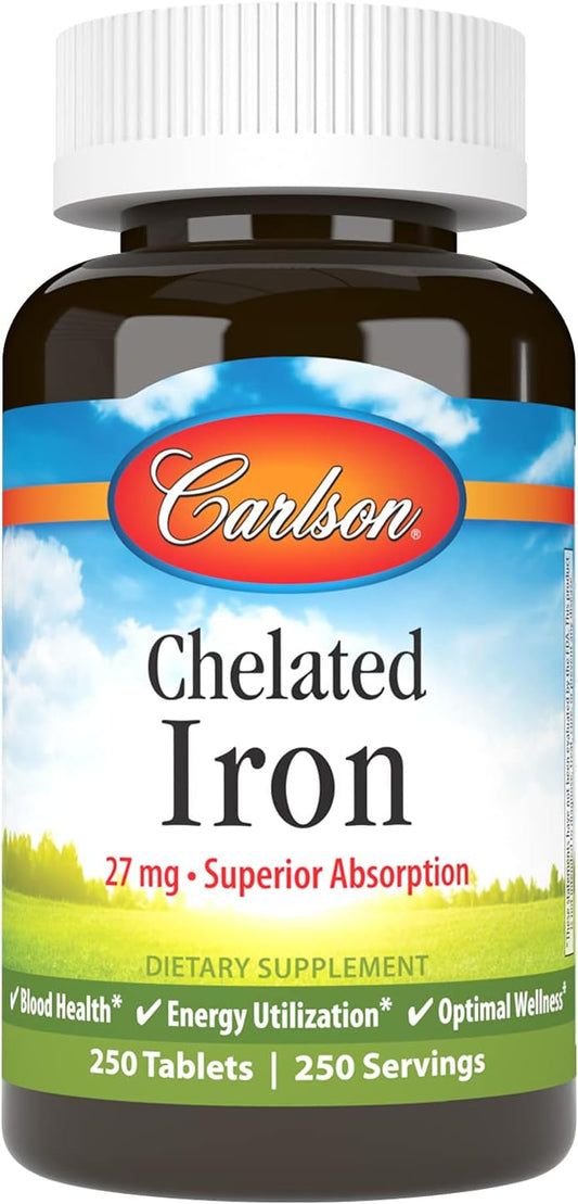 Chelated Iron 27mg Supplement by Carlson Labs - 250 Tablets for Iron Deficiency Support