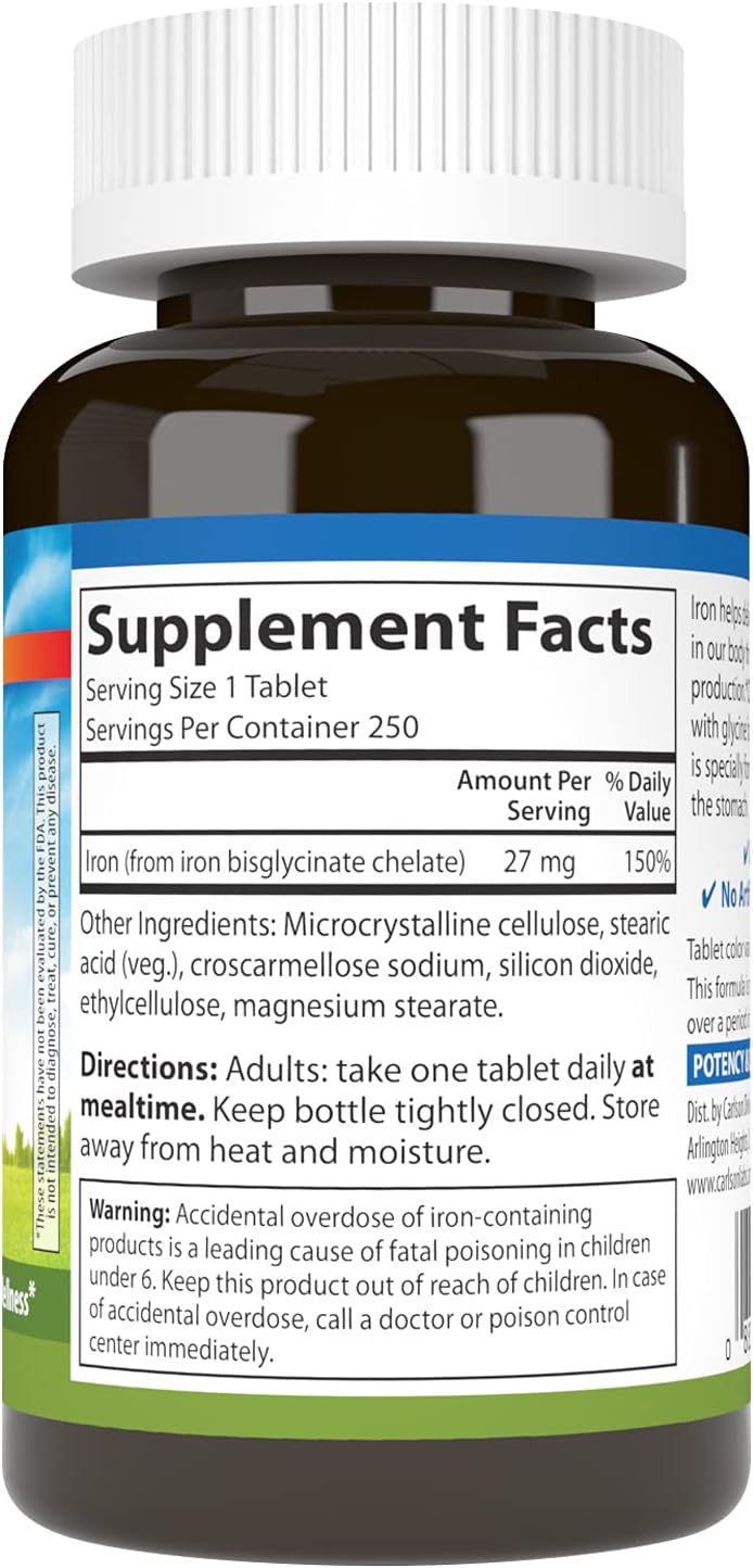 Chelated Iron 27mg Supplement by Carlson Labs - 250 Tablets for Iron Deficiency Support