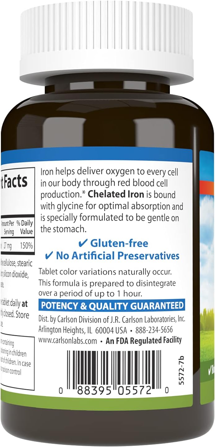 Chelated Iron 27mg Supplement by Carlson Labs - 250 Tablets for Iron Deficiency Support