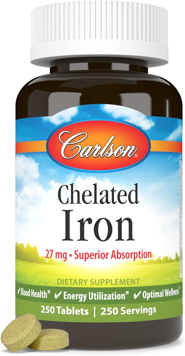 Chelated Iron 27mg Supplement by Carlson Labs - 250 Tablets for Iron Deficiency Support