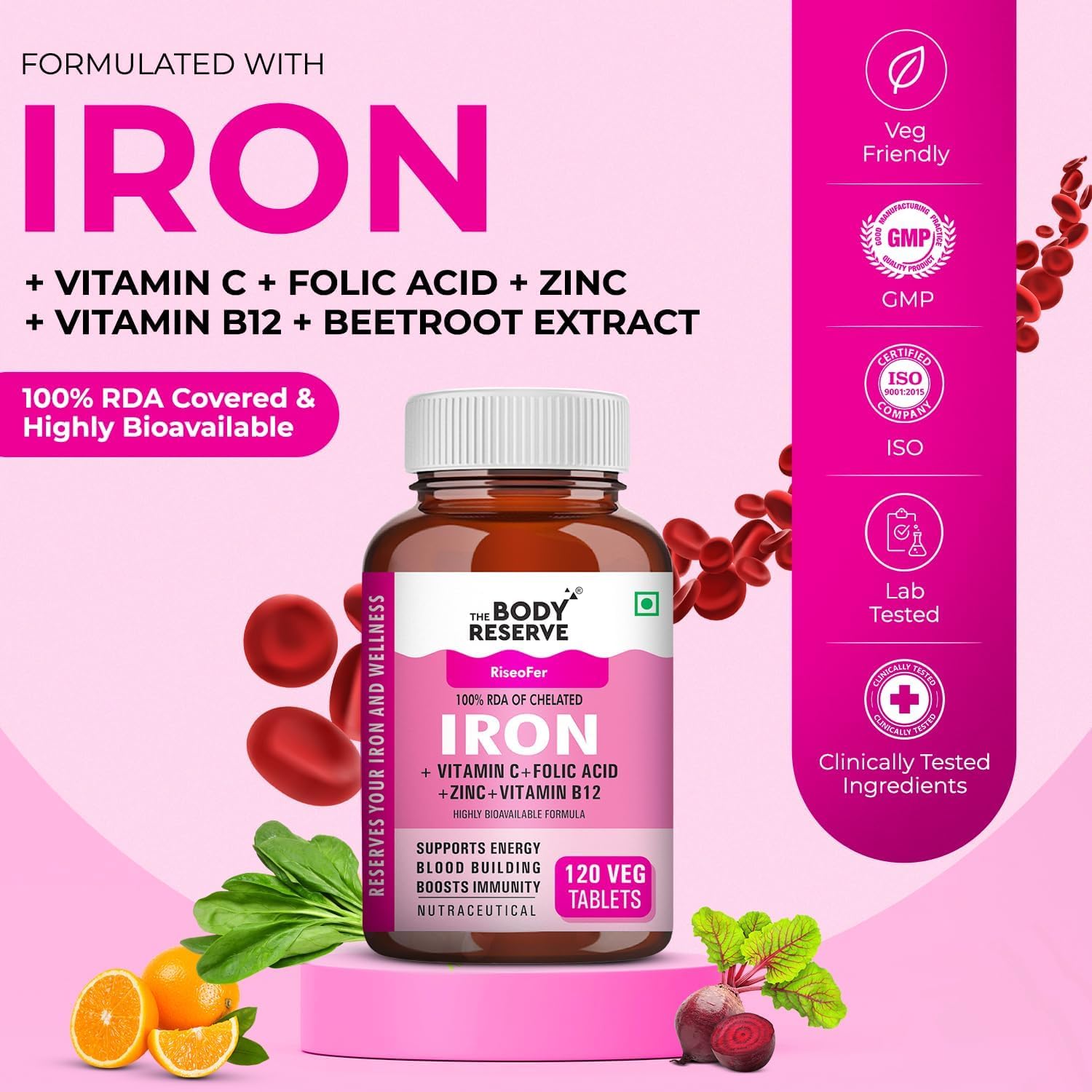 Chelated Iron and Vitamin C Tablets with B12, Zinc, Folic Acid, Beetroot Extract - 120 Veg Tablets for Blood Building and Immune Support