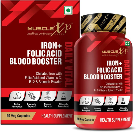 Chelated Iron Folic Acid Supplement with Vitamin C & B12, Natural Spinach Powder - 60 Veg Capsules