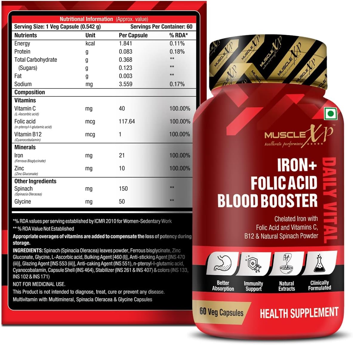 Chelated Iron Folic Acid Supplement with Vitamin C & B12, Natural Spinach Powder - 60 Veg Capsules